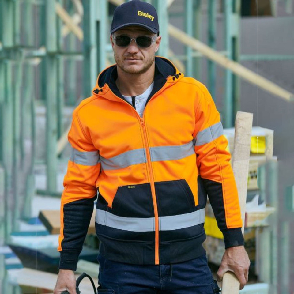 Fluorescent orange hi vis hoodie with silver reflective tape and navy contrast panels, full zip front