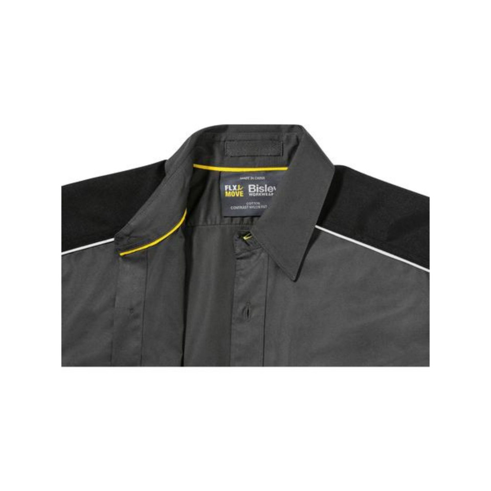 Charcoal grey work shirt with black shoulder panels and yellow piping detail along raglan seam