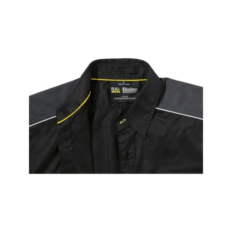 Charcoal short sleeve work shirt with yellow and white contrast piping detail on shoulders and collar