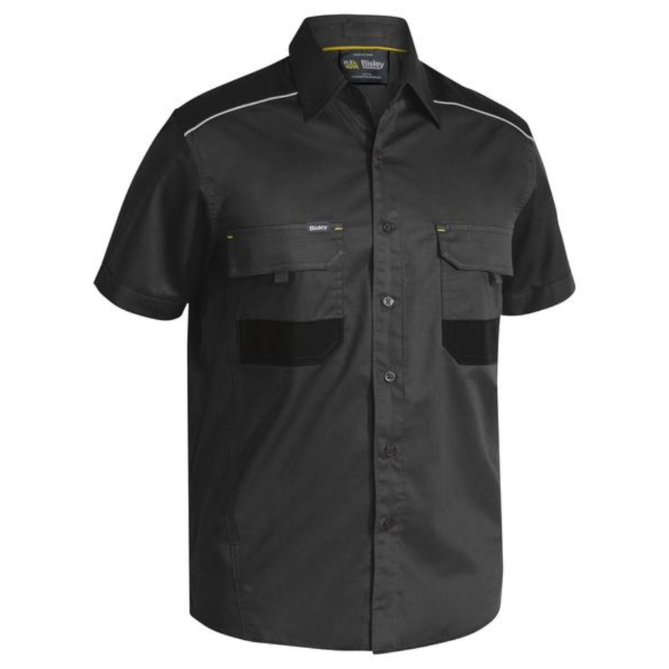 Charcoal grey short sleeve work shirt with twin chest pockets and reflective shoulder piping
