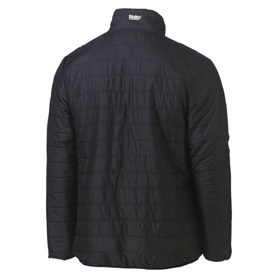 Back view of a black quilted puffer jacket with horizontal stitch panels and stand collar