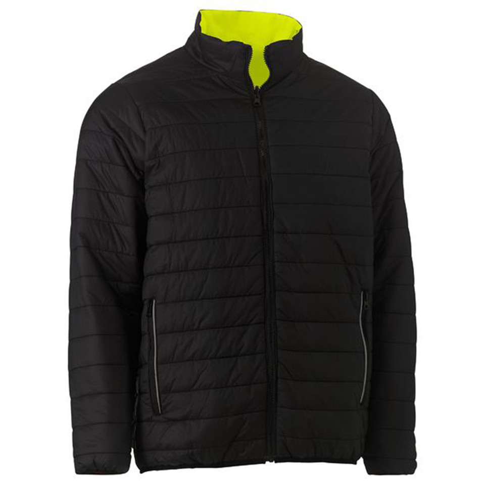 Black quilted puffer jacket with full zip, stand collar, side zip pockets, and lime yellow reversible inner lining visible at neckline