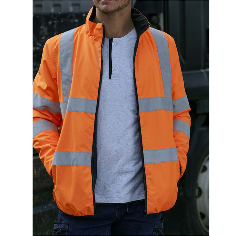 Fluorescent orange hi-vis puffer jacket with silver reflective tape panels and black reversible side with hood