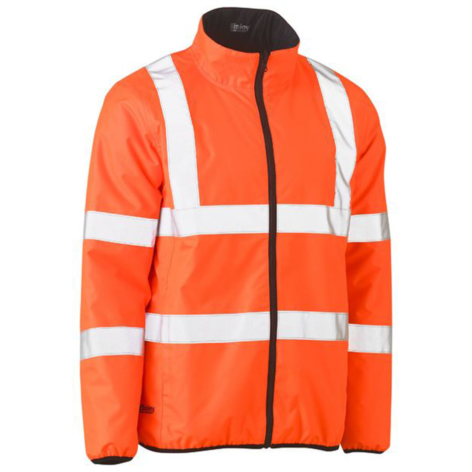 Hi vis orange reversible puffer jacket with full-length zip, black contrast collar, and white reflective tape across chest and sleeves