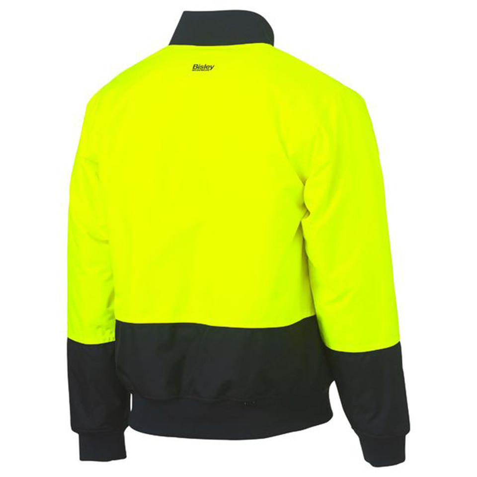Back view of a hi vis two-tone bomber jacket in fluorescent yellow and navy with ribbed cuffs and hem