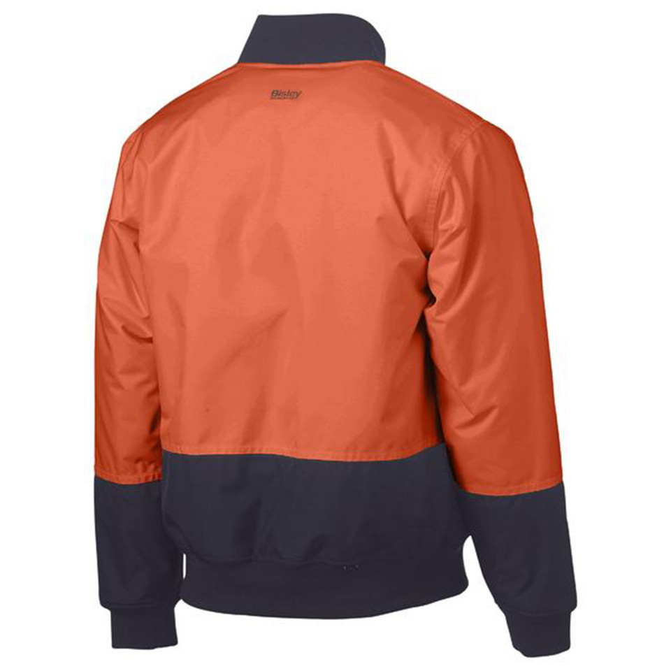 Back view of a two-tone hi vis bomber jacket in orange and navy with ribbed cuffs and hem