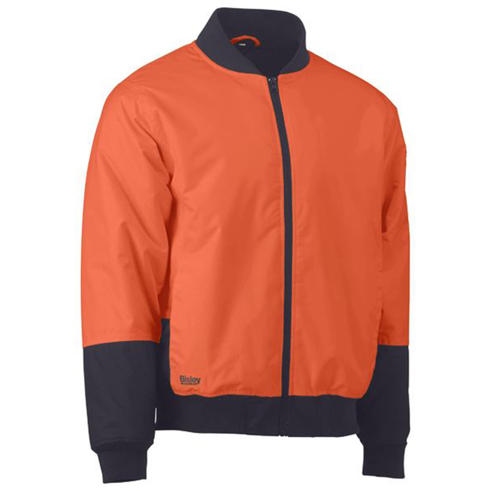 Orange and navy two-tone full-zip bomber jacket with ribbed cuffs and hem, Bisley branding on chest