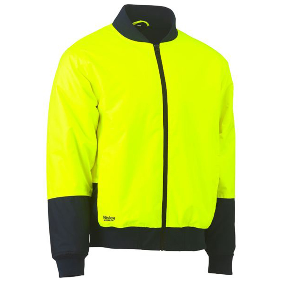 Bisley hi vis bomber jacket in yellow-green and navy, full-zip, ribbed cuffs and hem, two-tone padded shell