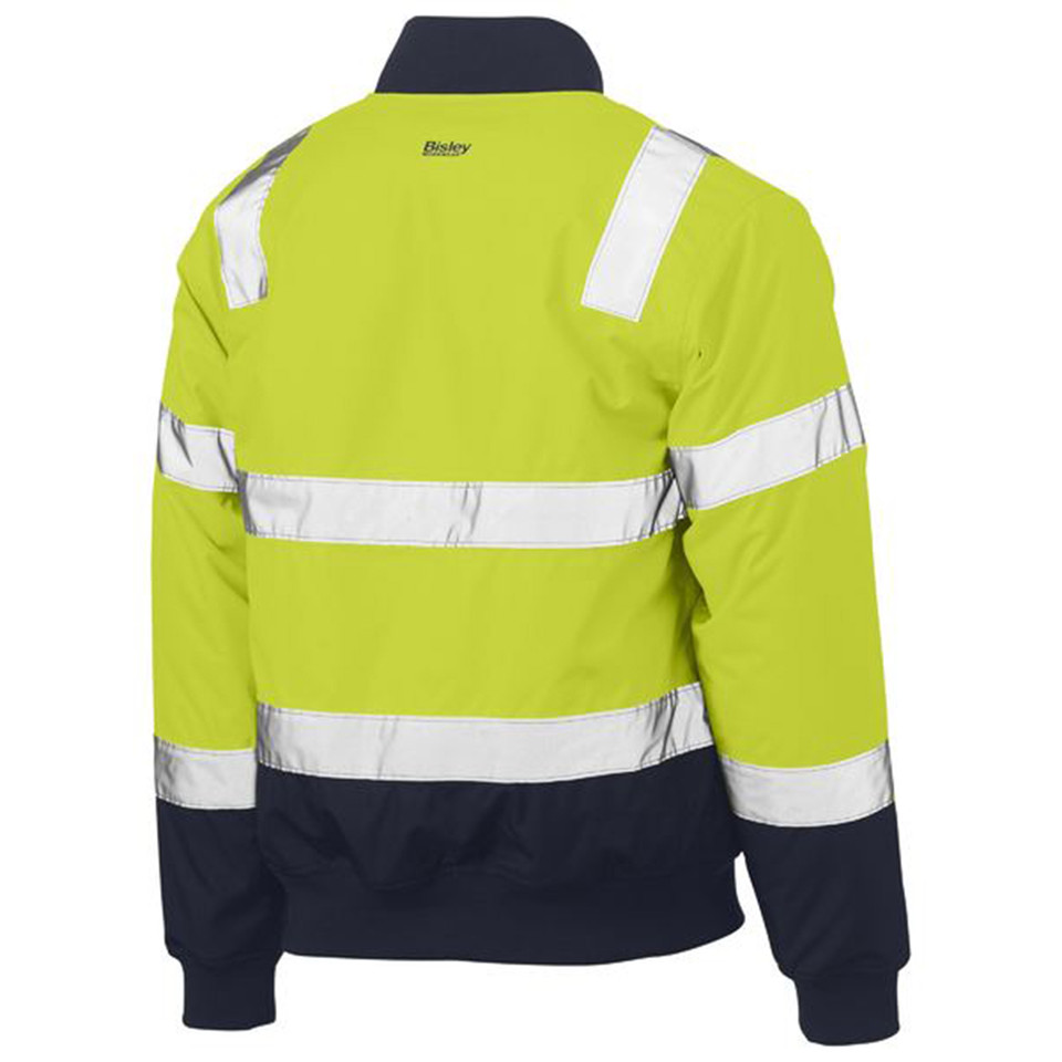 Hi-vis yellow bomber jacket with silver reflective tape and navy contrast collar and lower panel, rear view