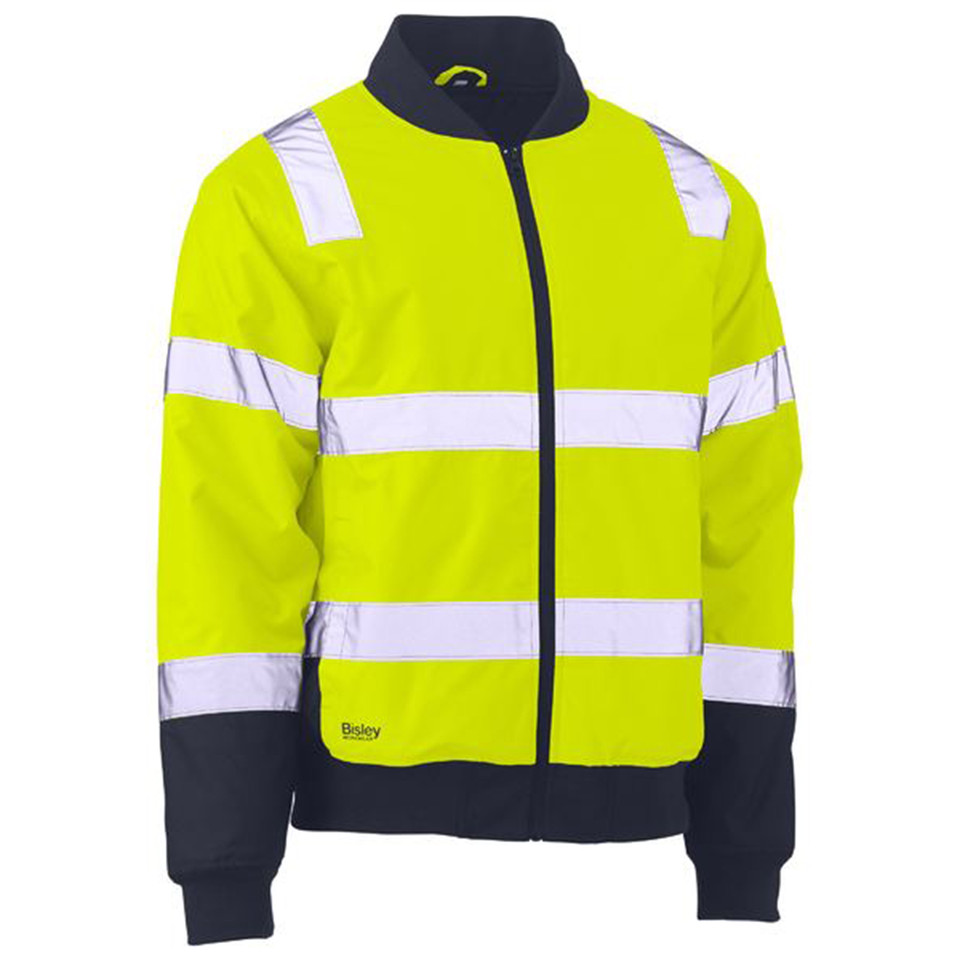 Yellow and navy hi vis bomber jacket with silver reflective tape bands and full-length zip