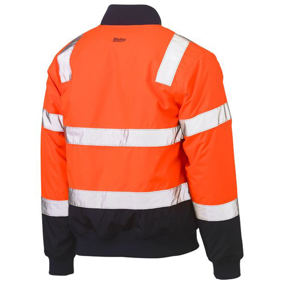 Rear view of orange and navy hi vis bomber jacket with silver reflective tape across back and shoulders