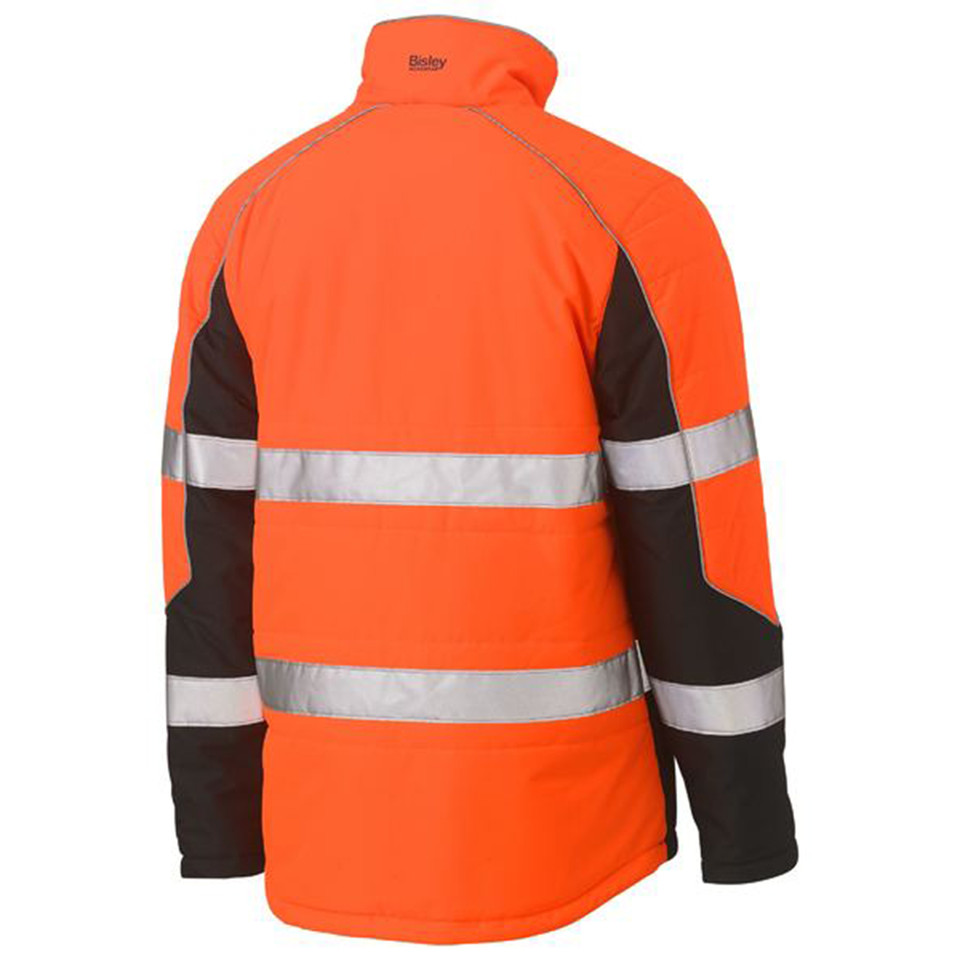 Back view of orange and charcoal hi vis puffer jacket with dual silver reflective tape bands and contrast side panels