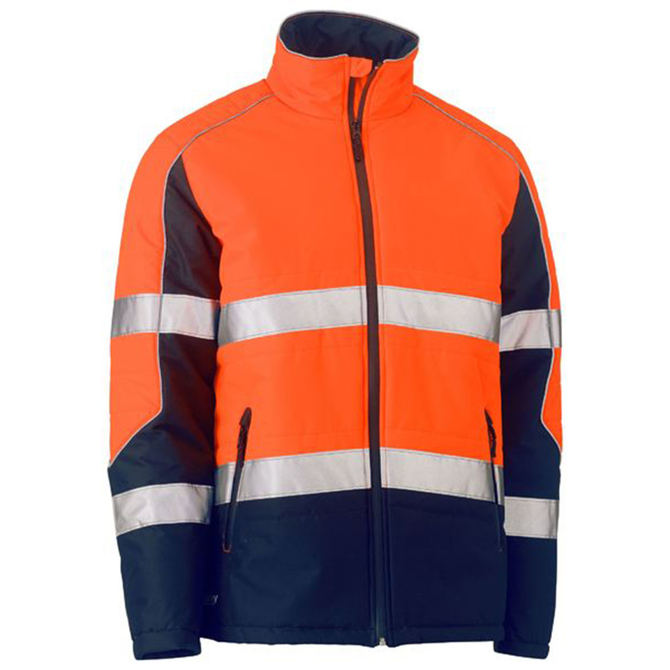 Hi-vis orange and navy puffer jacket with silver reflective tape across chest and sleeves, full zip front