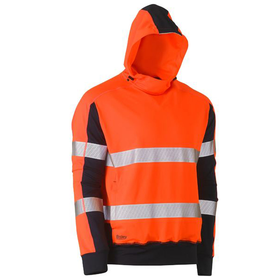 Orange and navy hi-vis pullover hoodie with silver reflective tape across chest and sleeve