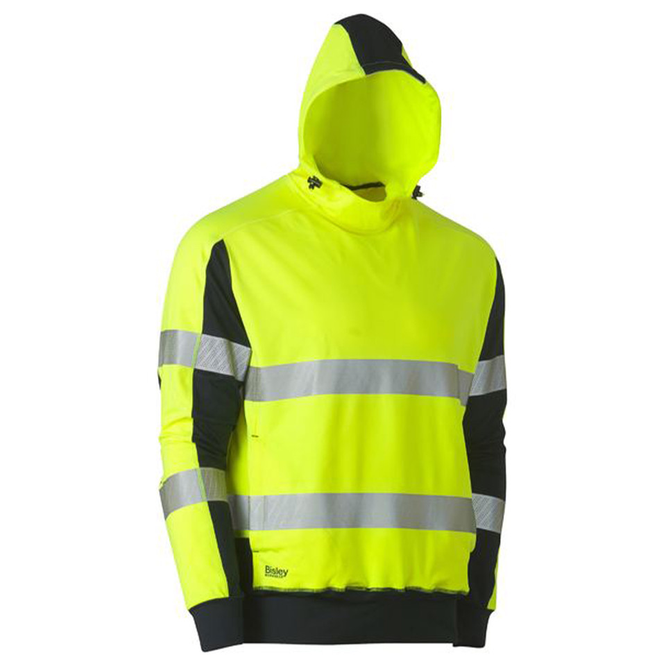 Hi-vis yellow and black two-tone hoodie with reflective tape bands and contrast side panels