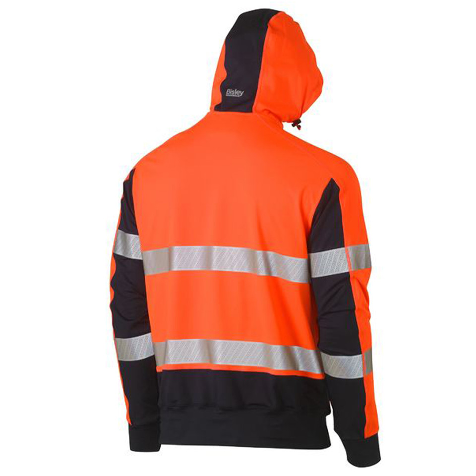 Rear view of orange and navy hi vis hoodie with two silver reflective tape bands and contrast sleeve panels
