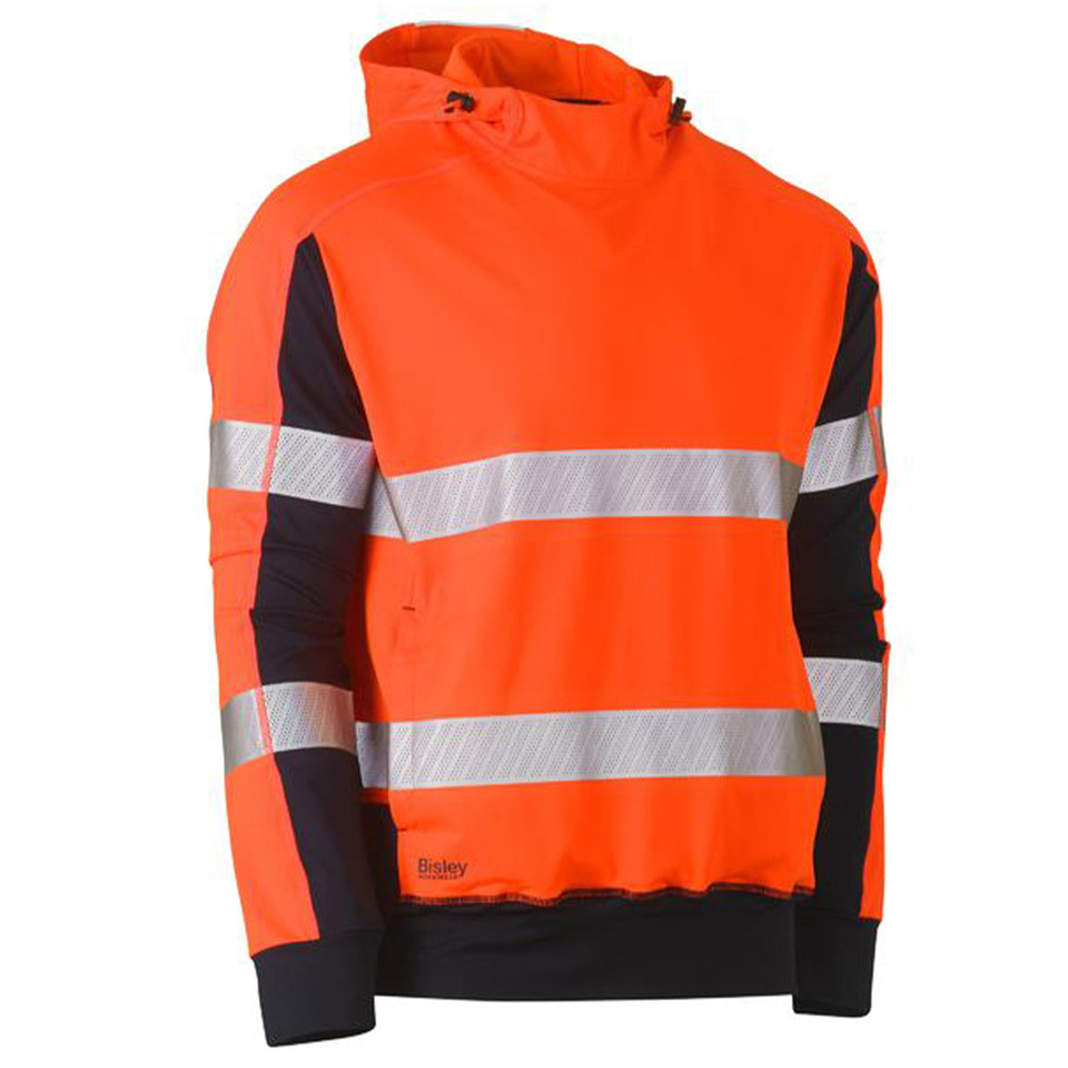 Hi vis orange and navy contrast hoodie with reflective tape bands on chest and sleeve, ribbed cuffs, packshot