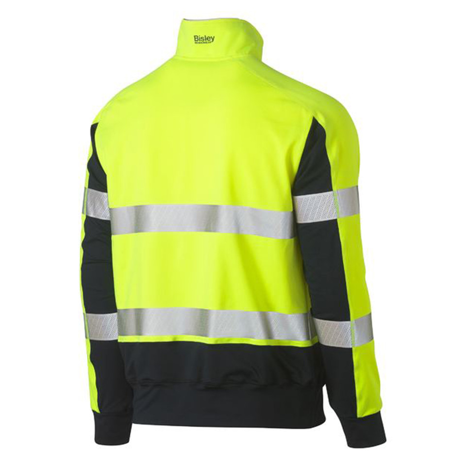 Back view of safety yellow and black quarter zip pullover with reflective tape and contrast sleeves