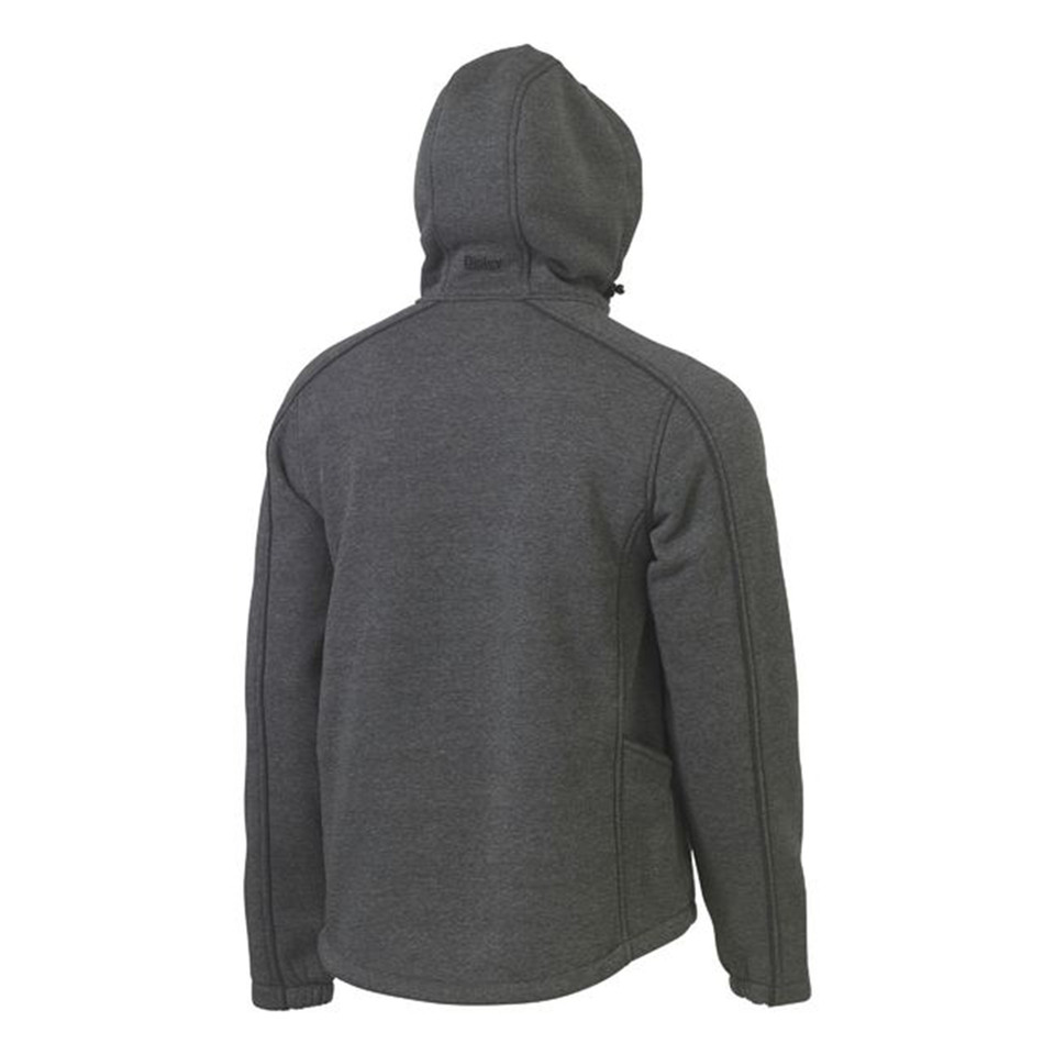 Charcoal marle fleece hoodie shown from back with hood up, featuring contrast grey paneling on shoulders and sides