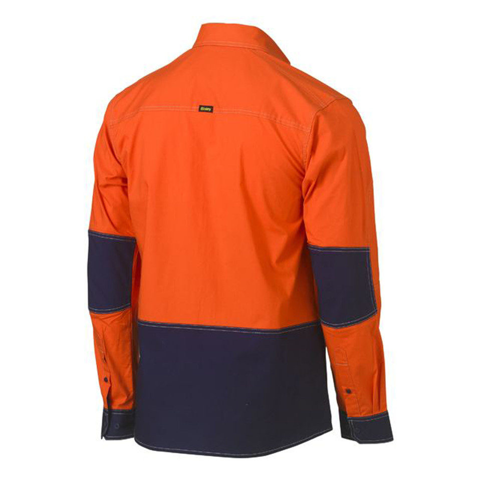 Back view of orange and navy two-tone hi vis long sleeve work shirt with elbow patches and contrast panelling
