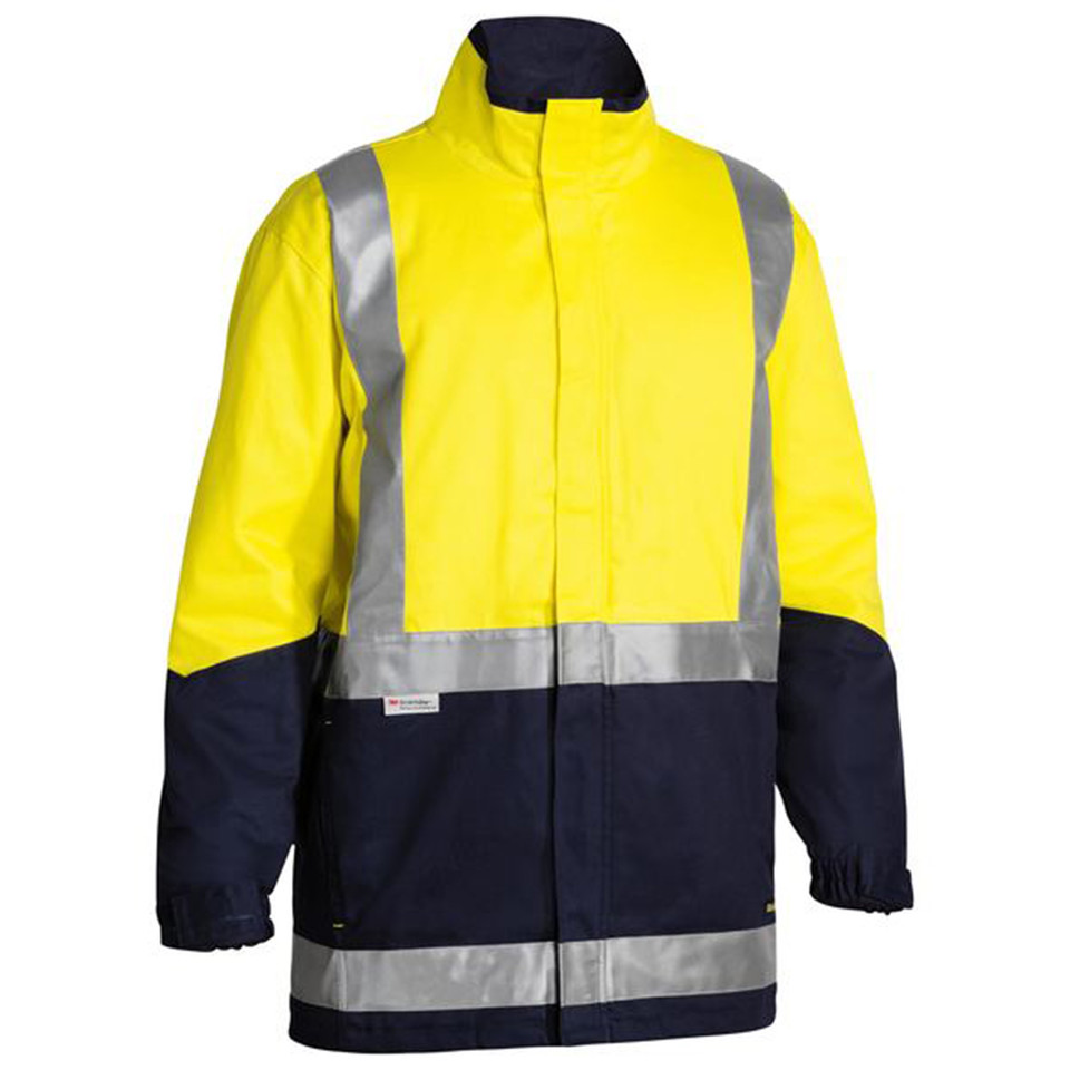 Yellow and navy hi vis drill jacket with silver reflective tape bands across chest and lower body, stand collar, zip front