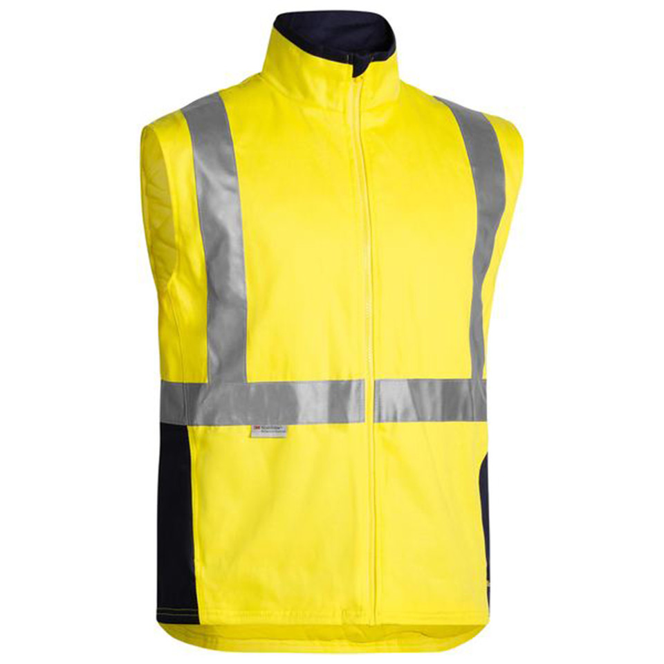 Yellow and navy hi vis sleeveless vest with silver reflective tape across chest and shoulders, full zip, packshot