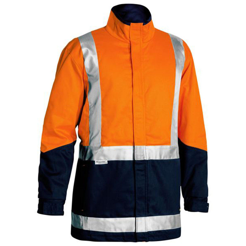 Orange and navy hi vis drill jacket with silver reflective tape bands on chest and lower body, stand collar, zip front