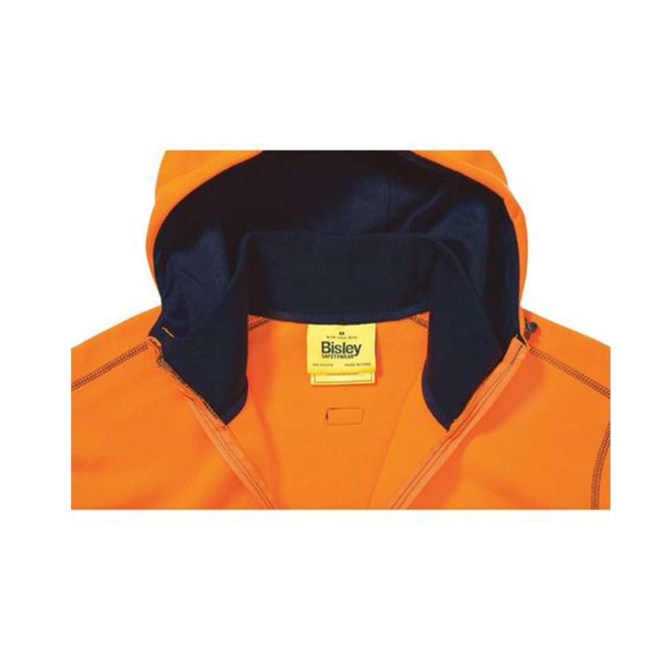 High visibility orange fleece hoodie with navy contrast hood lining and full-length zip front closure