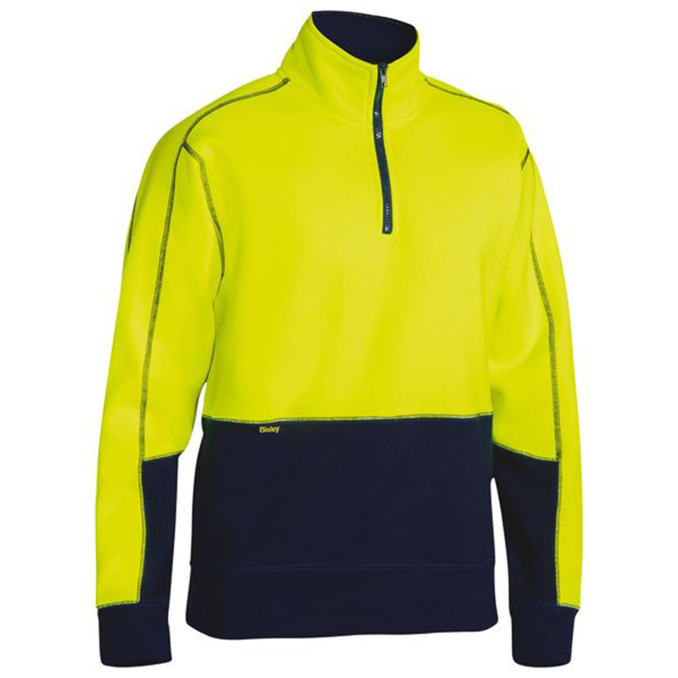 Hi-vis yellow and navy fleece pullover with quarter zip and contrasting collar and cuffs