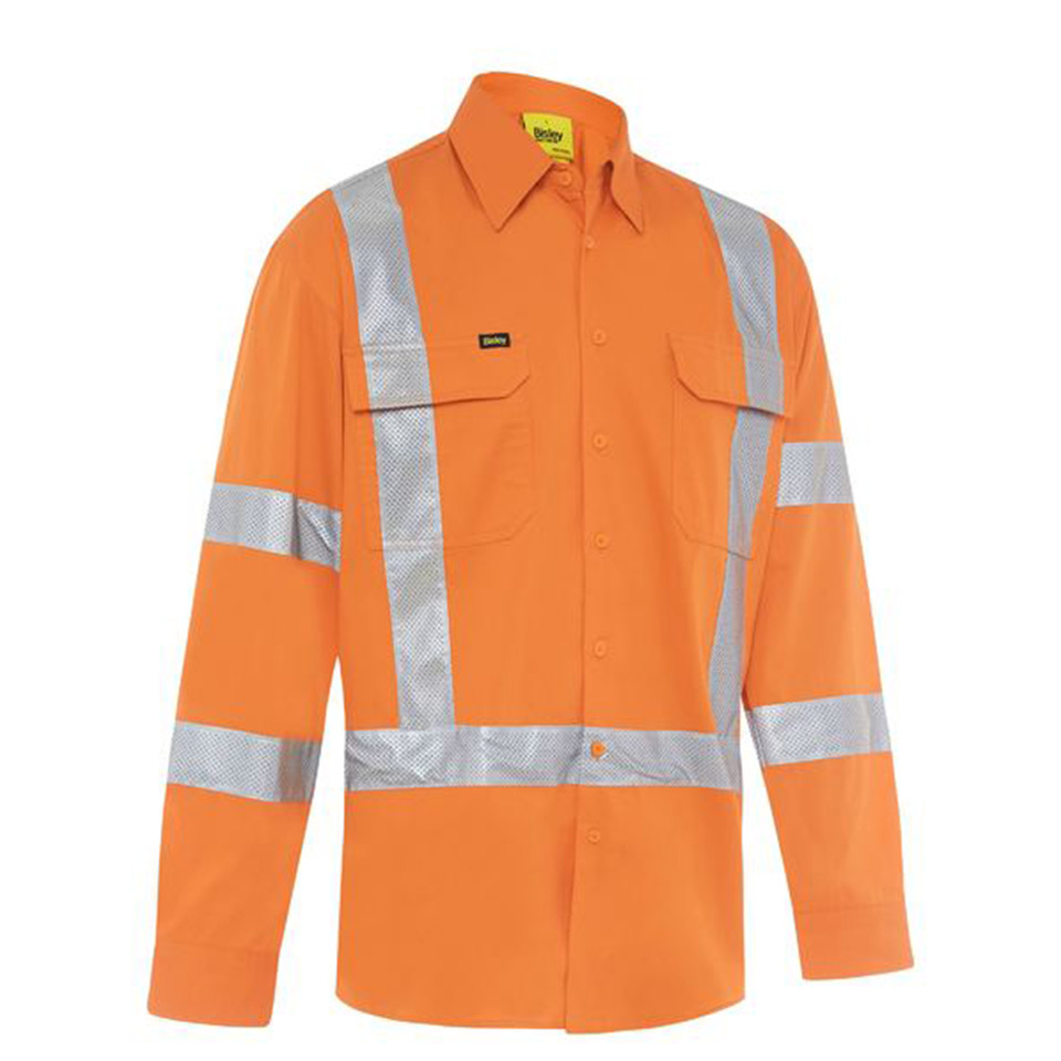 Orange hi-vis drill work shirt with silver reflective X-pattern tape on torso and sleeves, featuring chest pockets and button front