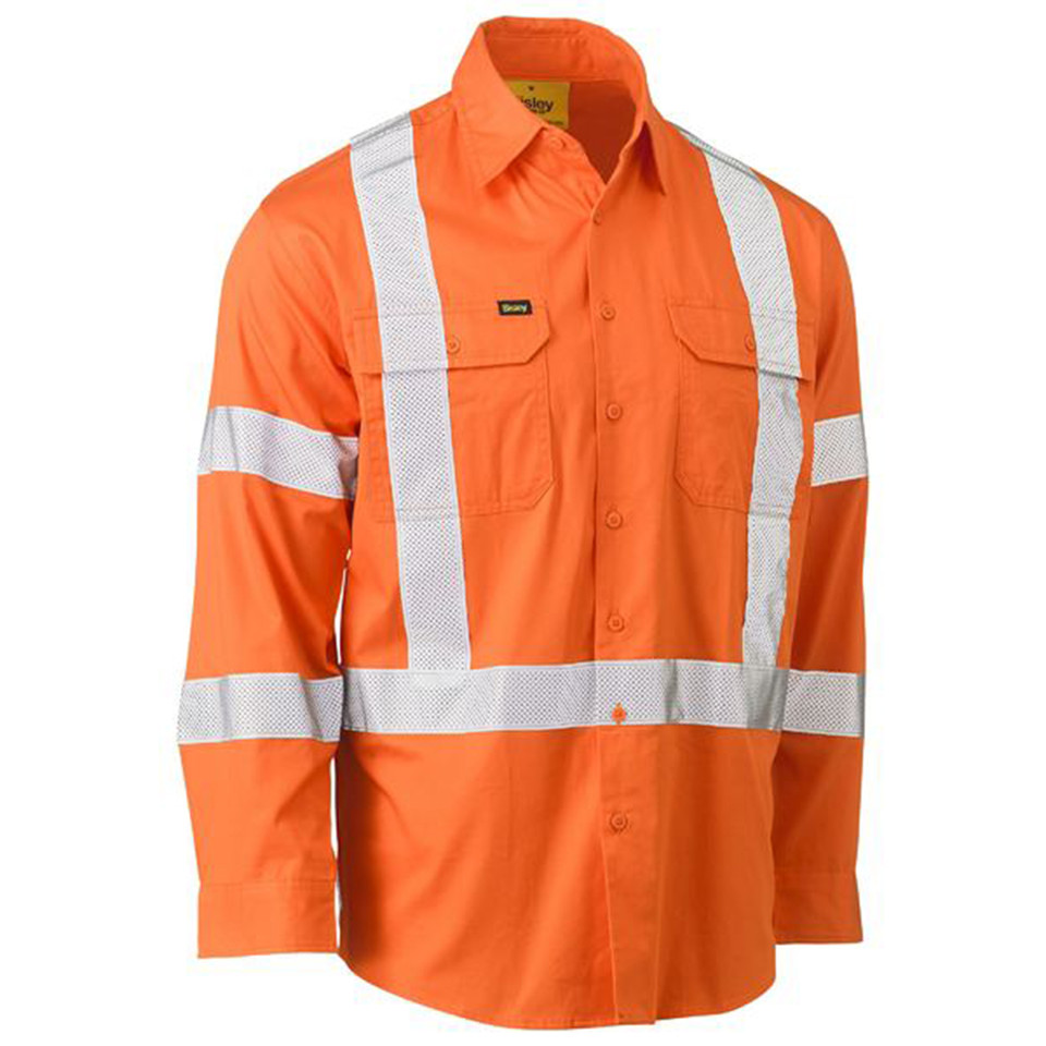 Orange hi-vis work shirt with silver X-back and hoop reflective tape, chest pockets with button-down flaps