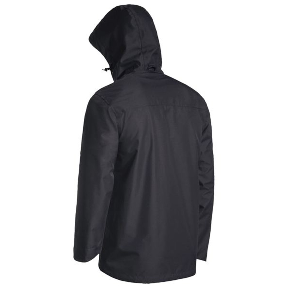 Black lightweight rain jacket with concealed hood shown from back, featuring adjustable drawcord and water-resistant finish