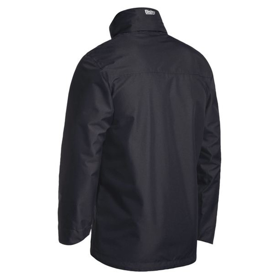 Black lightweight rain jacket with concealed hood, back view showing smooth waterproof fabric and raglan sleeves