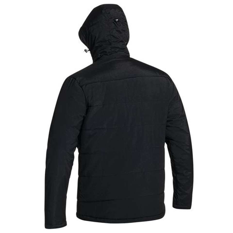 Rear view of black quilted puffer jacket with adjustable hood, contrast panel detailing and zip closure