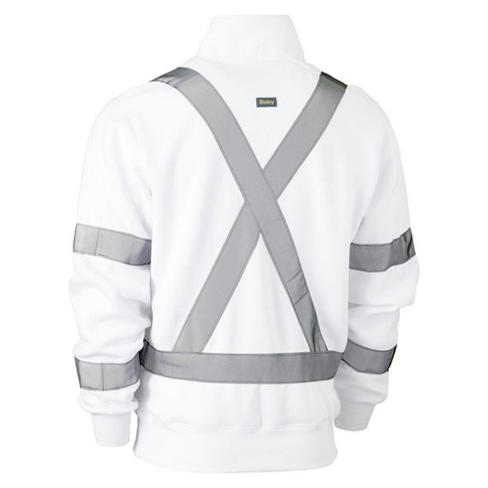 White quarter-zip pullover with grey reflective X-back tape and sleeve bands, rear view showing hi-vis safety features