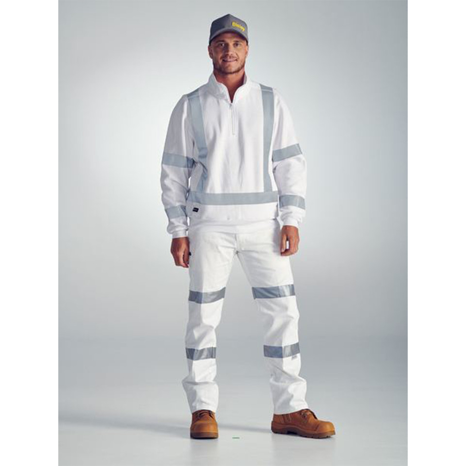 White quarter-zip pullover with grey reflective tape on shoulders and sleeves in X-pattern configuration