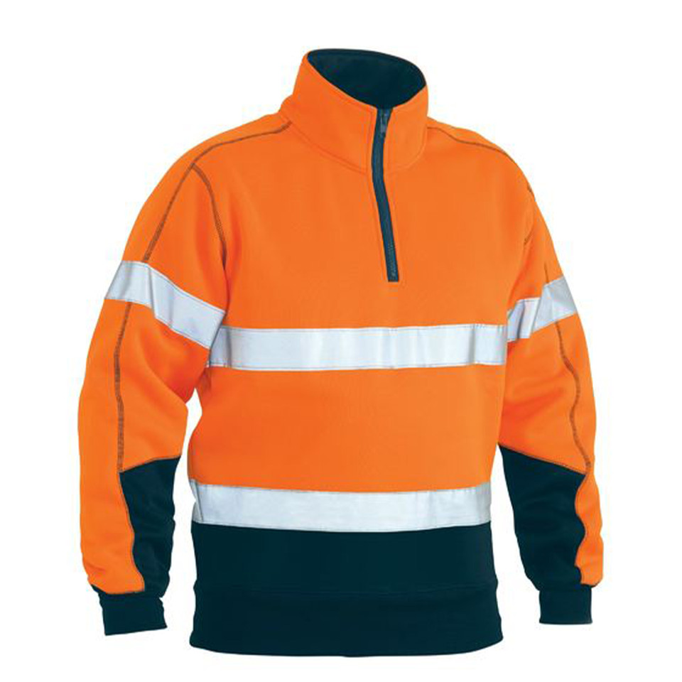 Hi-vis orange fleece pullover with reflective tape, navy contrast collar and lower panel, quarter zip
