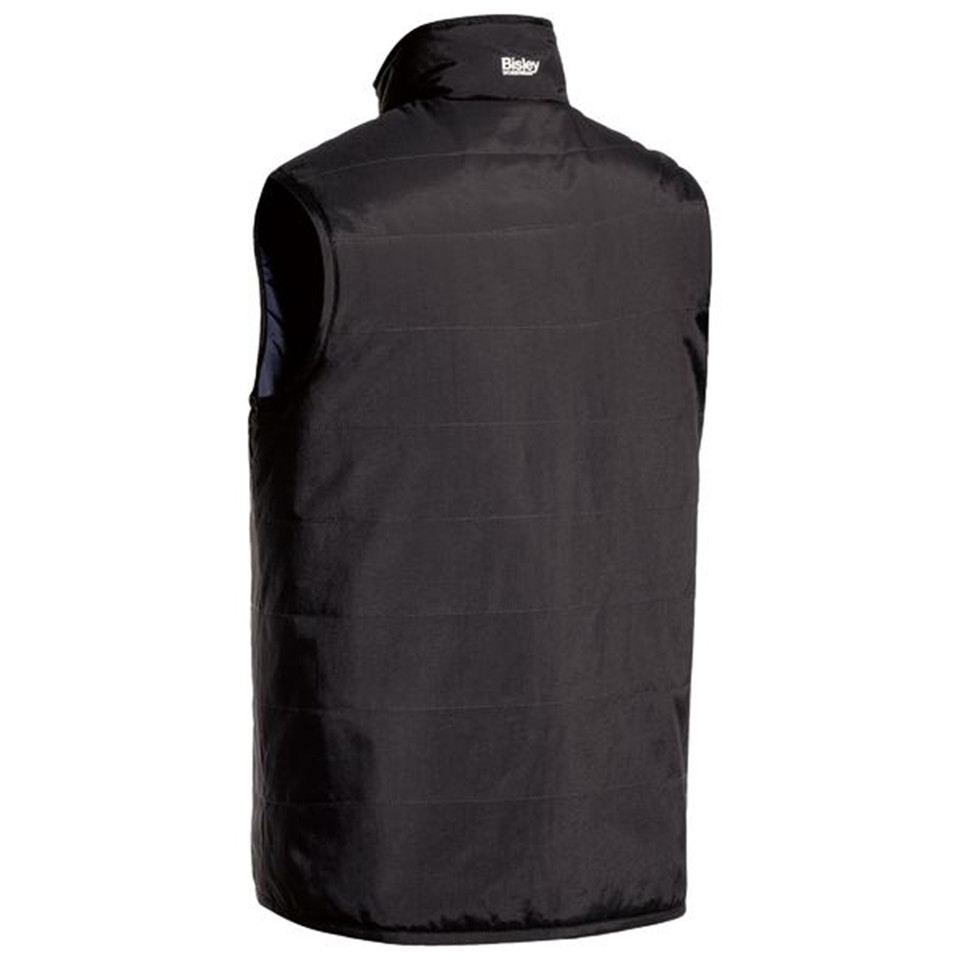 Back view of black quilted puffer vest with stand collar, sleeveless cut and stitched channel panels