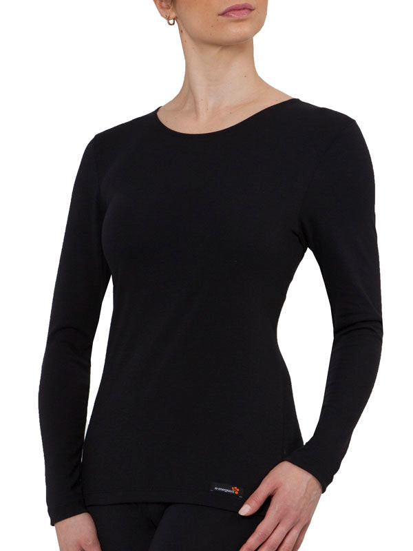 Black long sleeve thermal top with crew neck and fitted silhouette on female model