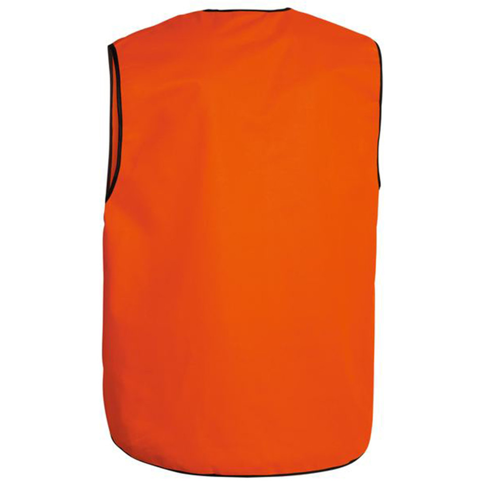 Bright orange hi-vis safety vest with black contrast binding on armholes and neckline, back view showing large flat panel