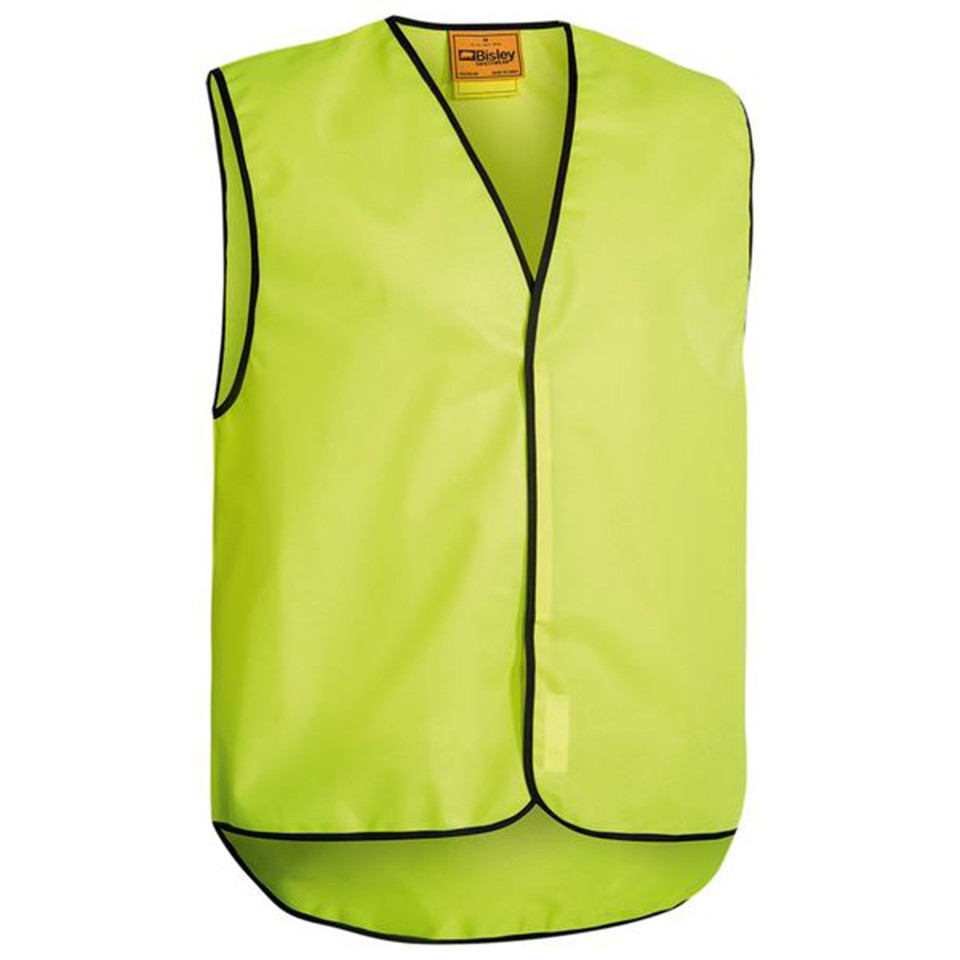 High visibility safety vest in fluorescent yellow with black contrast binding on V-neck, armholes and hem