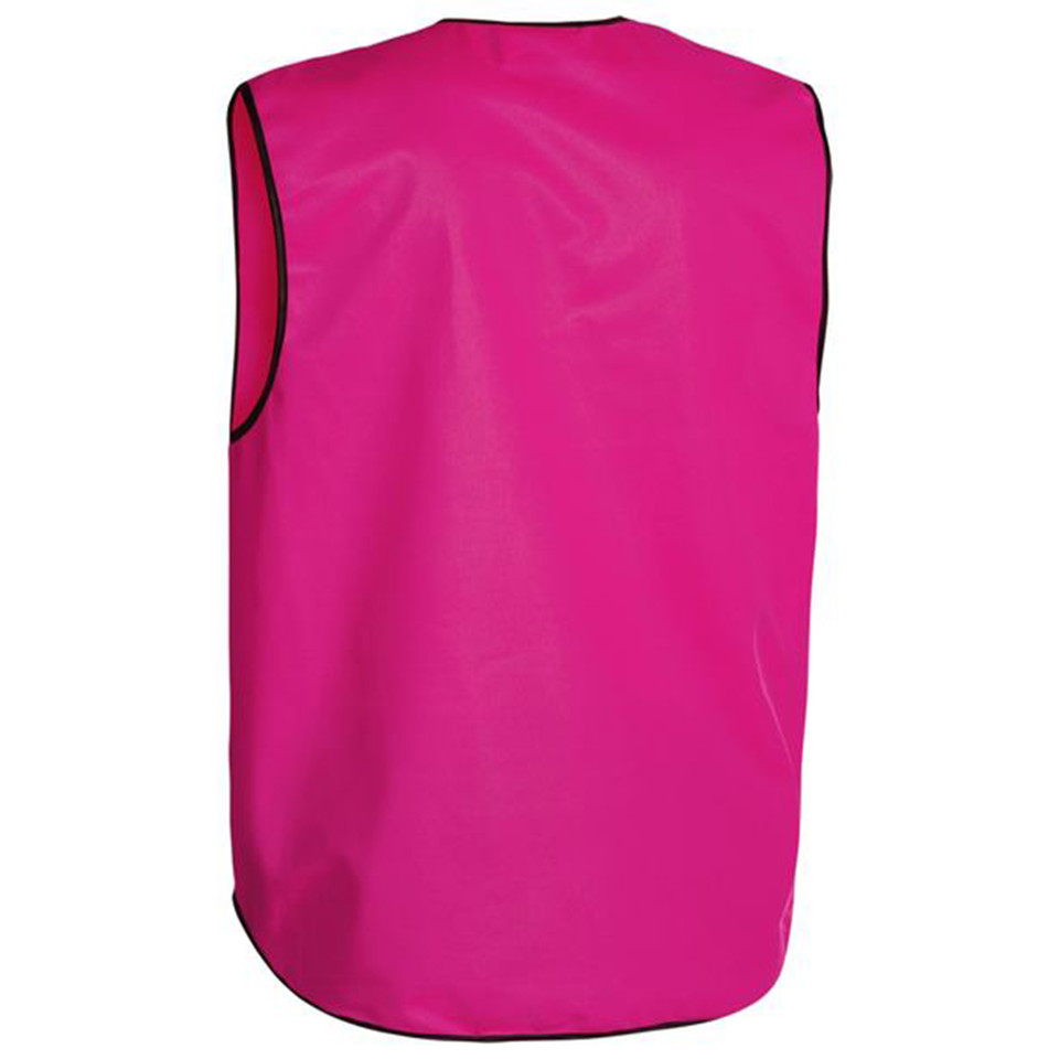 Hot pink sleeveless safety vest with black trim, back view, smooth flat panels ideal for printing