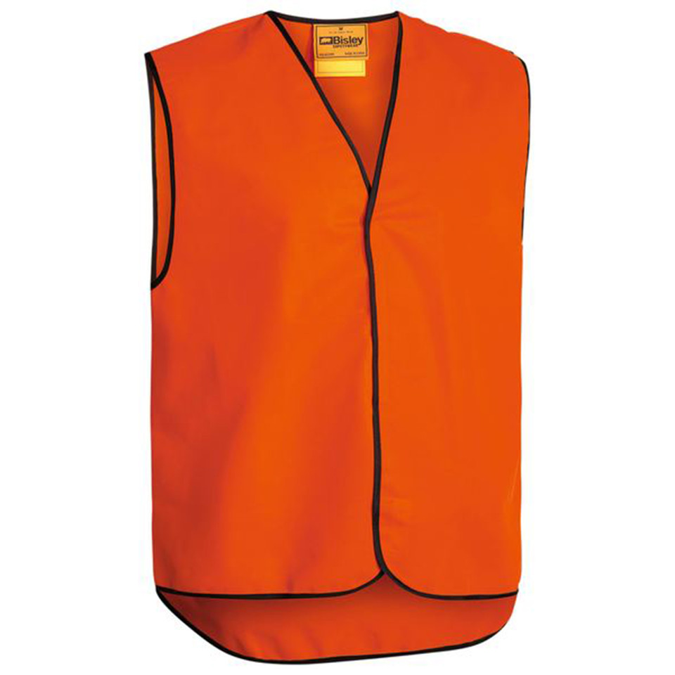 Fluorescent orange hi-vis safety vest with black contrast binding on V-neck, armholes and front edges