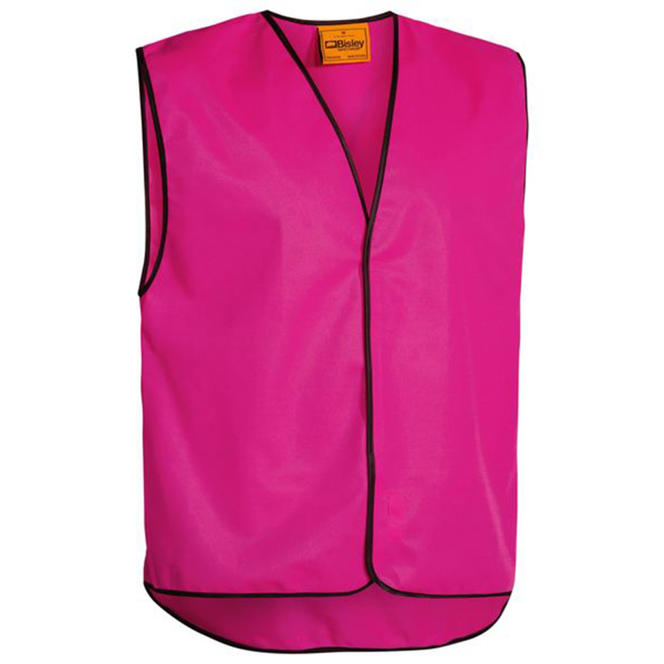 Hot pink hi-vis safety vest with black contrast binding and V-neck opening