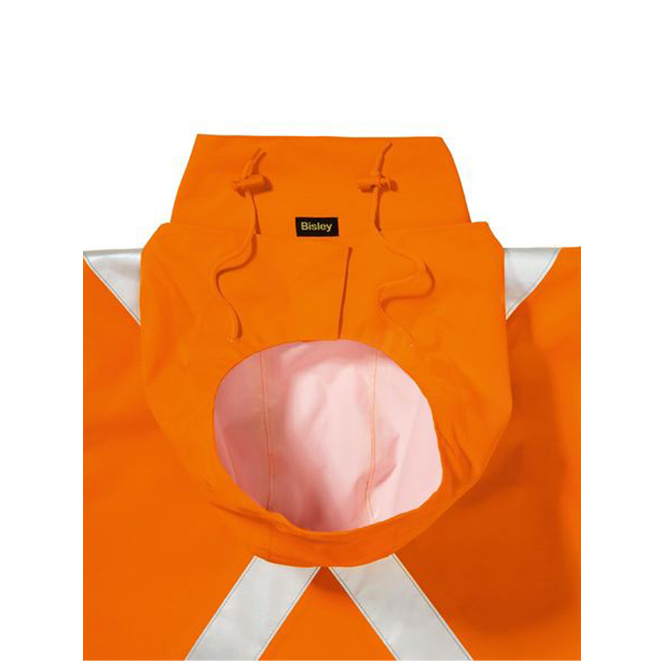 Hi vis orange rain jacket hood detail with reflective silver tape, drawstring toggle and pink inner lining