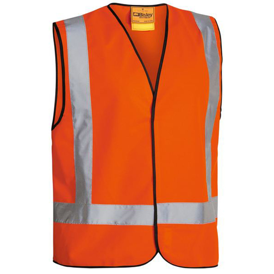 Hi vis orange safety vest with silver reflective tape in X back configuration and black edge trim