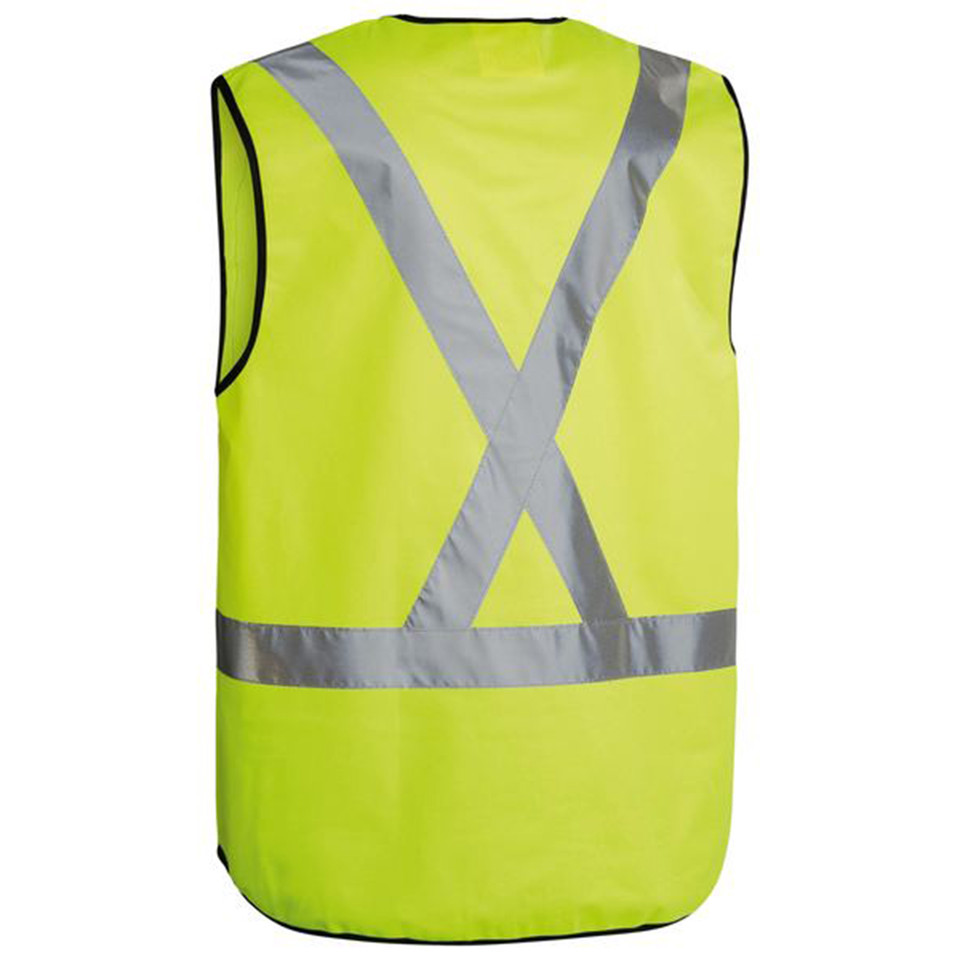 Fluoro yellow hi vis safety vest rear view showing silver reflective X back tape and horizontal waist band