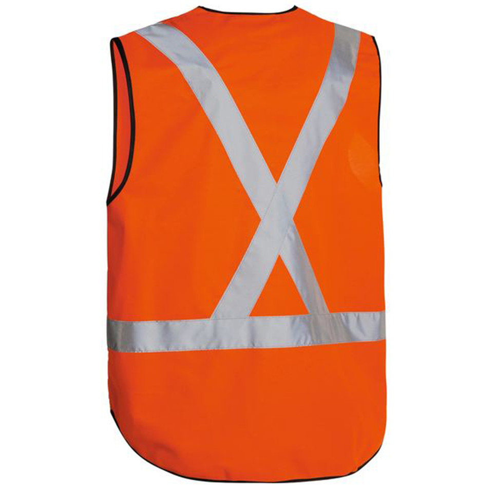 Orange hi-vis vest with X-back silver reflective tape and horizontal waist tape on black binding