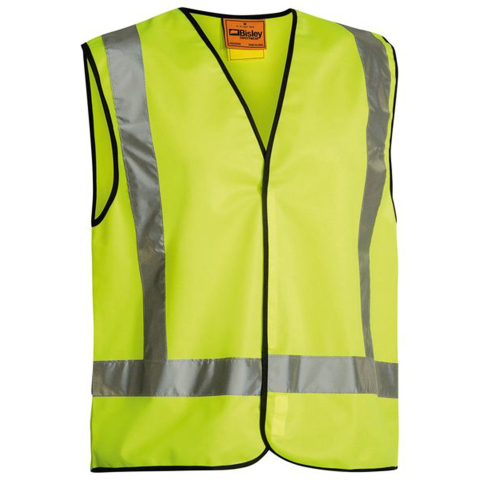 Hi-vis safety vest in yellow-green with silver reflective tape in X-back configuration and black binding
