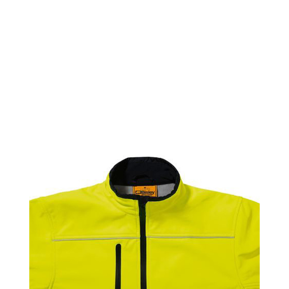 Hi-vis yellow soft shell jacket with black contrast zip, chest pocket, reflective tape detail and stand collar